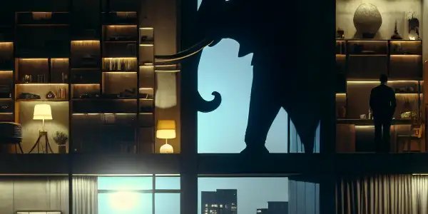 A tense scene in a dimly lit apartment featuring a large, obscured elephant and diverse residents reflecting hidden secrets.