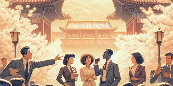 A serene university campus in the 1980s, with students under blooming cherry blossoms and traditional Chinese architecture.