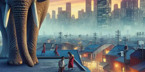 A gentle elephant stands on a rooftop, observing a bustling city filled with quirky, surprised characters.