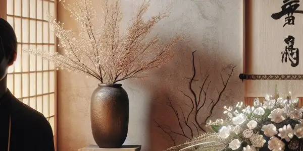 A serene Japanese funeral home interior featuring a compassionate male mortician surrounded by traditional elements and a cello silhouette.