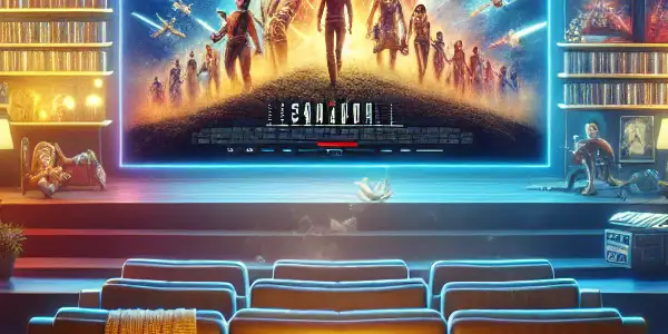 A cozy home theater featuring a large screen with "流浪地球2" poster, plush seating, and film memorabilia.