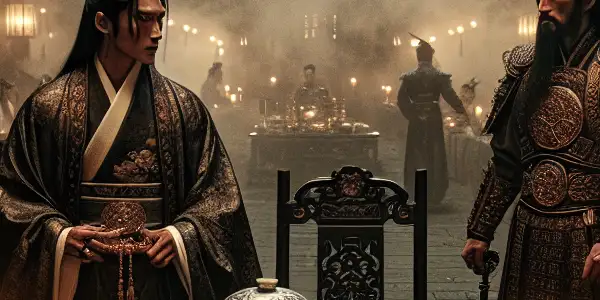A tense banquet scene featuring Liu Bang and Xiang Yu amidst a power struggle in ancient China.