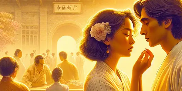 A nostalgic university scene featuring two young lovers in tender moments, set against a backdrop of 1980s China.