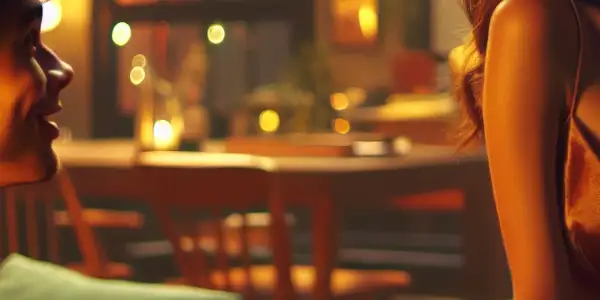 A flirtatious young woman and her conflicted brother-in-law share a tense yet playful moment in a cozy living room.