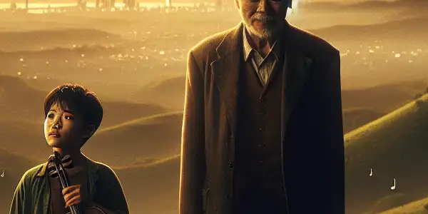 A young violinist stands in a rural landscape, embraced by his proud father, symbolizing dreams and familial love.