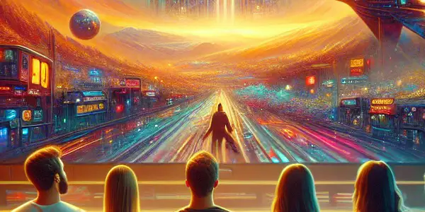 A cozy living room with diverse friends joyfully watching a sci-fi movie on a large TV, surrounded by popcorn.