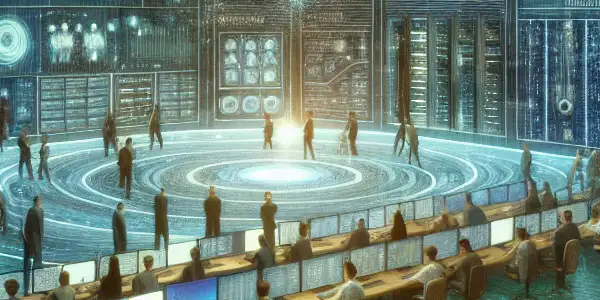 A futuristic control room showcasing diverse professionals managing and analyzing adult content logistics with advanced technology.