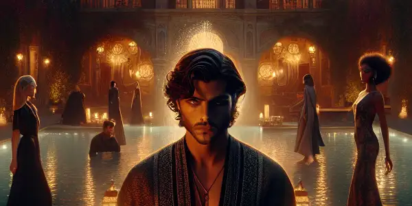 A charismatic man surrounded by enigmatic women at a luxurious villa during sunset, evoking desire and betrayal.