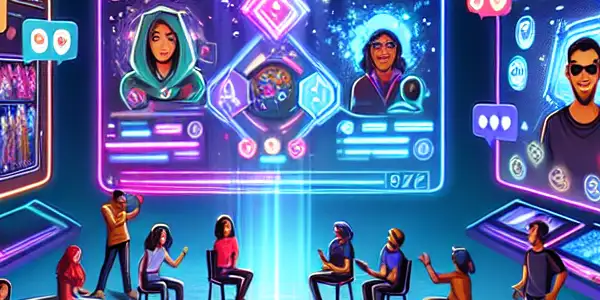 A vibrant virtual gathering of diverse avatars engaging in lively conversation within a futuristic digital environment.