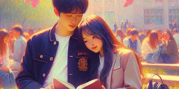 A young couple under a blooming lilac tree, sharing a joyful yet bittersweet moment on a vibrant campus.