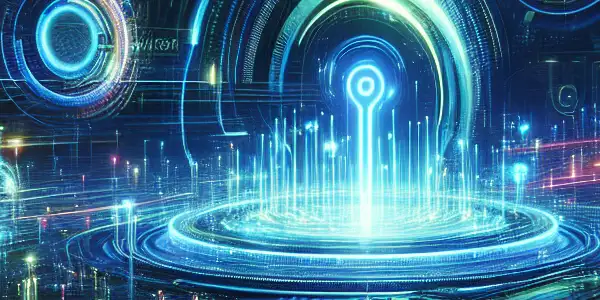 A futuristic digital landscape showcasing high-tech search tools, vibrant colors, and abstract symbols of privacy and adult content.