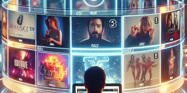 A user browsing adult video content on a laptop in a cozy, private setting with vibrant thumbnails and security icons.