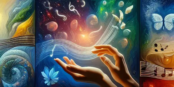 A vibrant, interconnected scene depicting the five senses through landscapes, textures, food, and flowers.