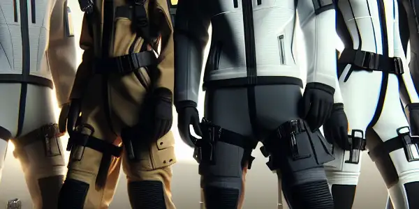 A group of diverse models showcases stylish, functional safety outfits in a vibrant adult film studio setting.