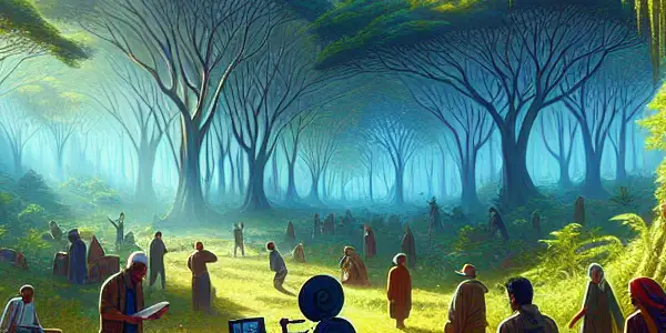 A film crew sets up in a vibrant forest, capturing playful interactions between two models amidst lush nature.