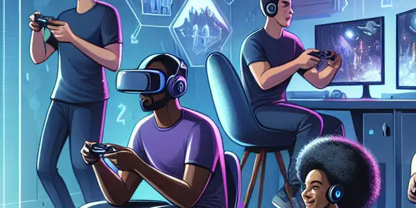 A diverse group of gamers in a high-tech, secure gaming environment, engaged with VR headsets and consoles.