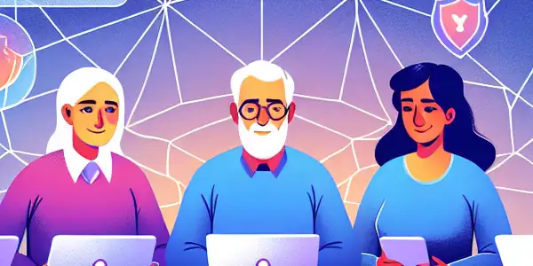 A diverse group of people safely exploring adult content online, surrounded by symbols of security and privacy.