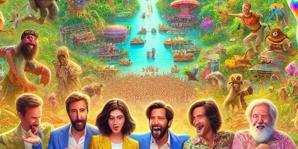 A comedic adventure scene with diverse celebrities in colorful outfits, engaging in playful antics amidst a vibrant jungle landscape.