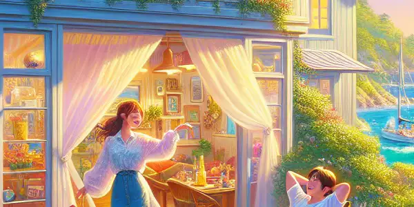 A young couple enjoys a playful moment on a seaside terrace, surrounded by nature and a picturesque ocean view.