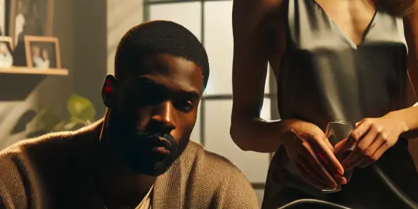 A tense, intimate moment between a conflicted man and his alluring sister-in-law in a dimly lit living room.