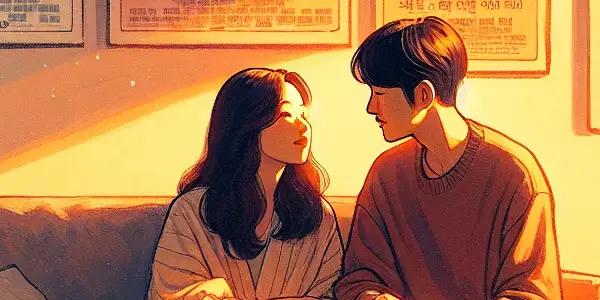 A cozy room with a couple sharing an intimate moment, surrounded by vintage film posters and warm lighting.