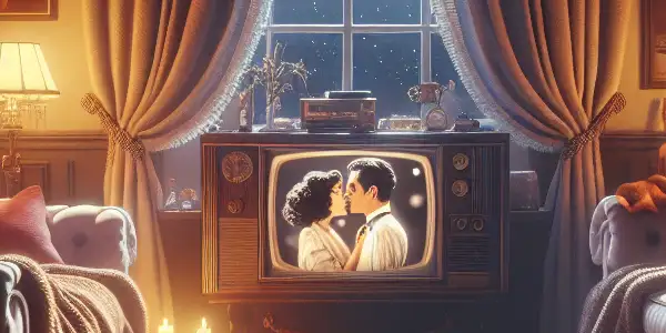 A cozy living room scene with a vintage TV showing a romantic film, wine, popcorn, and soft lighting.