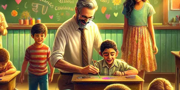 Aamir Khan as a passionate teacher in a vibrant classroom, supporting diverse children engaged in creative learning activities.