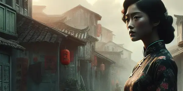 A resilient woman in 1960s attire stands amidst dilapidated buildings and vibrant hibiscus flowers in a small Chinese town.