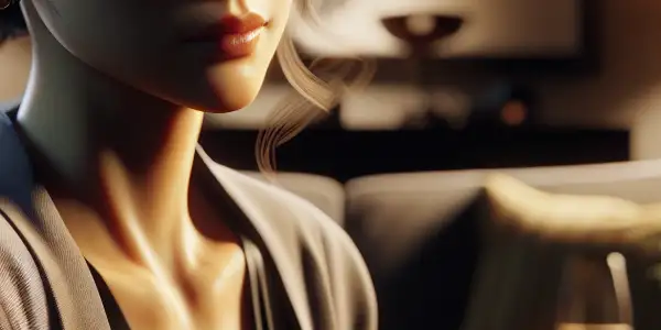 A sophisticated Japanese woman reflects on her hidden desires in a cozy, intimate room.