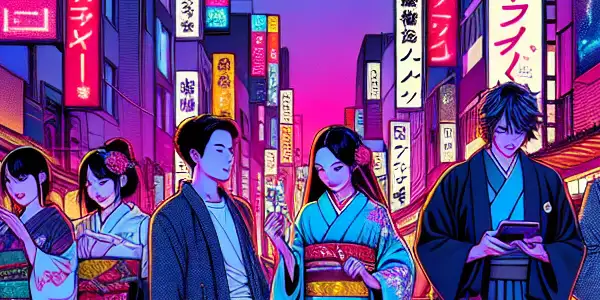 A vibrant Tokyo street scene showcasing diverse people engaging with adult entertainment culture amidst neon lights and traditional elements.