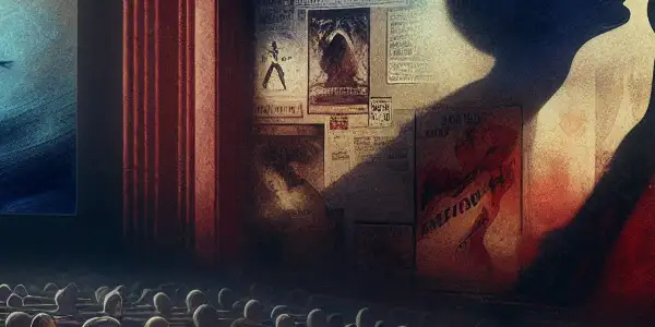 A dimly lit cinema scene with diverse viewers captivated by a film reflecting love and desire.