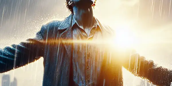 A character stands in the rain, arms outstretched, symbolizing freedom and hope against a blurred cityscape.