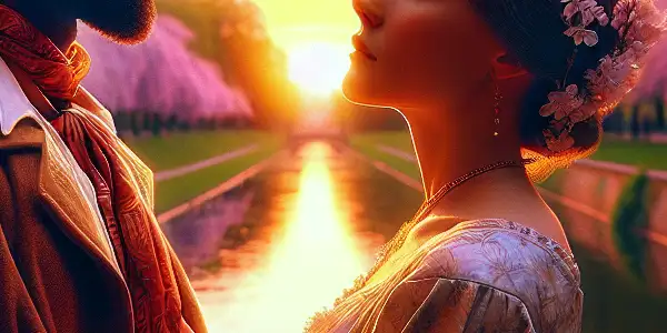 A romantic moment between a man and woman in a serene park at sunset, filled with love and nostalgia.