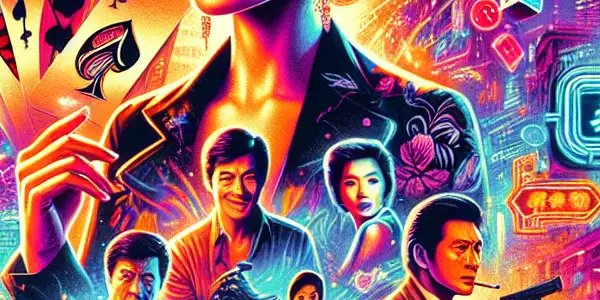 A vibrant movie poster featuring a charismatic central character in 1990s fashion, set in a lively Hong Kong urban backdrop.