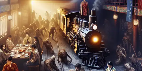 A vibrant scene blending elements of romance, suspense, and cultural motifs from popular 2023 Korean dramas and films.