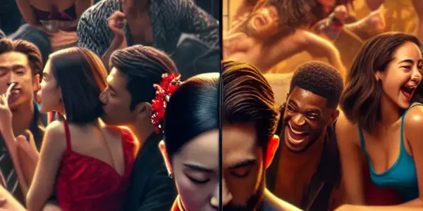 A film set divided into a passionate embrace scene and a lively summer party, contrasting intimacy and humor.