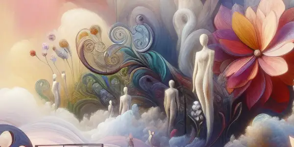 A surreal landscape featuring human figures and nature, symbolizing the artistic essence of nude films and cinema's evolution.