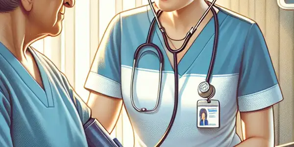 A compassionate nurse checks an elderly patient's blood pressure in a well-lit hospital room.