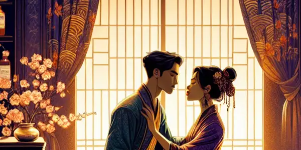 A romantic couple in a luxurious, dimly lit room surrounded by wellness products and intimate decor.