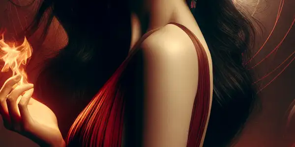 A glamorous Asian actress in a flowing red gown surrounded by abstract flames in a dimly lit, mysterious setting.