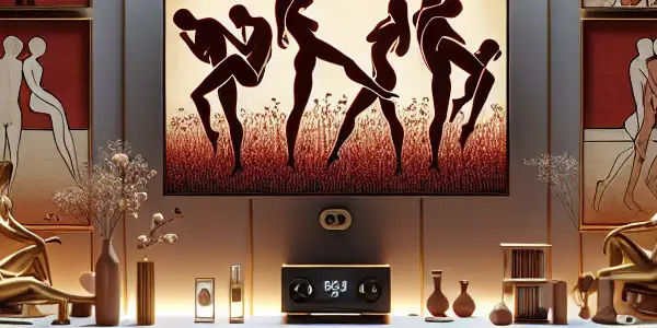 An intimate, warmly lit room with silhouettes of diverse characters expressing romance and connection, featuring artistic visuals on a screen.