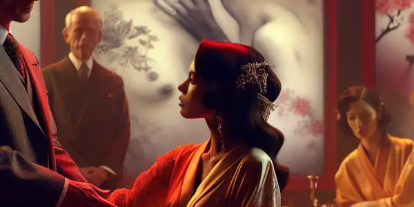 A stylish movie set featuring actors in a passionate moment, blending American and Japanese adult film aesthetics.