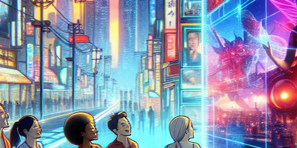A vibrant futuristic cityscape at dusk with young adults exploring interactive screens of colorful adult film thumbnails.