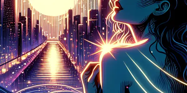 A charismatic figure named Dawn in a neon-lit cityscape at dawn, embodying sensuality and adventure.