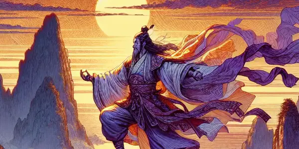 A heroic martial artist stands on a mountain peak, surrounded by ancient scrolls and weapons, amidst a dramatic sunset.