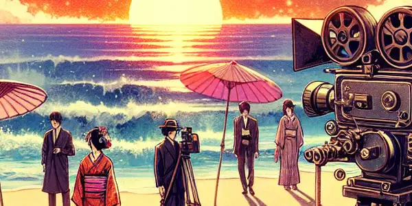 A tropical beach at sunset featuring elegantly dressed actors and vintage film equipment, evoking the allure of Japanese adult films.
