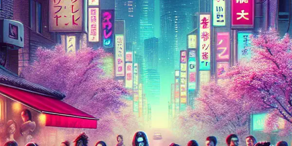 A vibrant 1980s Tokyo street scene with diverse individuals engaged in role-playing amidst neon lights and cherry blossoms.