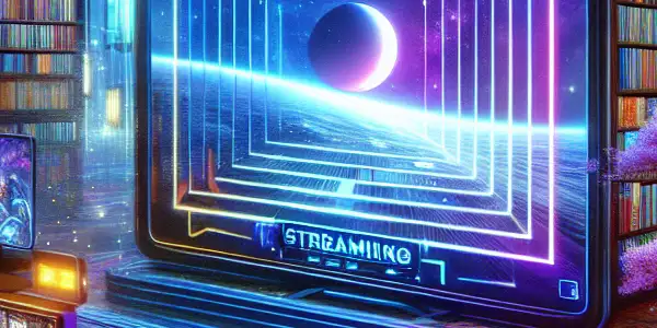 An abstract digital landscape symbolizing an adult entertainment platform, featuring neon lights and Japanese cultural motifs.