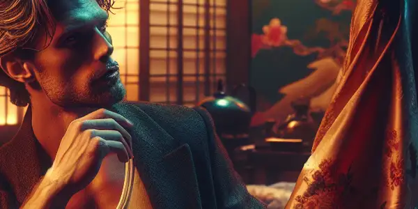 A captivating couple in a dimly-lit Japanese room, engaged in intimate conversation amid traditional decor.