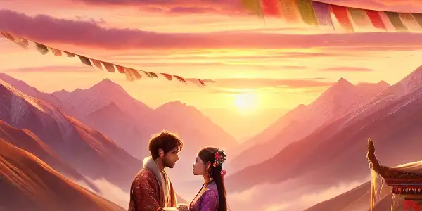 A romantic couple in traditional Tibetan attire embraces amidst colorful prayer flags and majestic mountains at sunset.